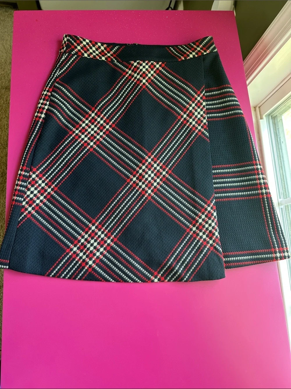 Halogen Navy Plaid A-Line Skirt with Red Accent